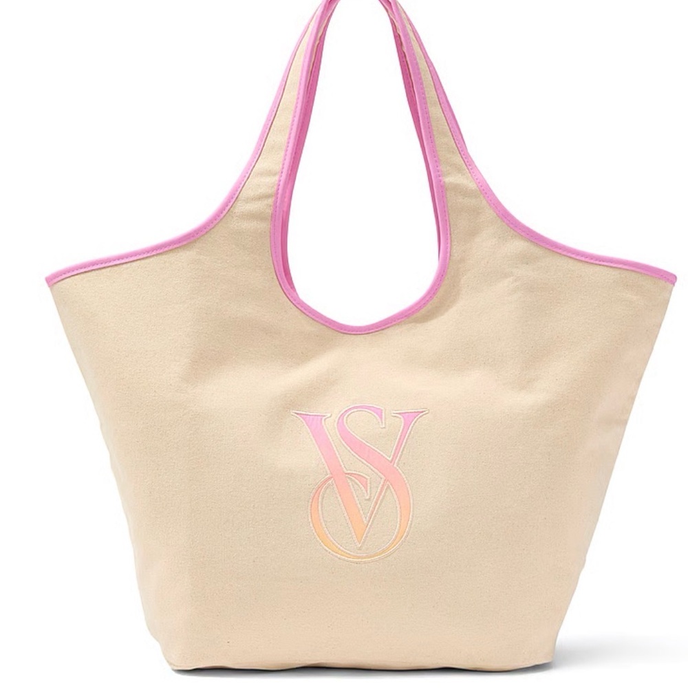 Victoria's Secret Beige Canvas Tote with Pink Trim